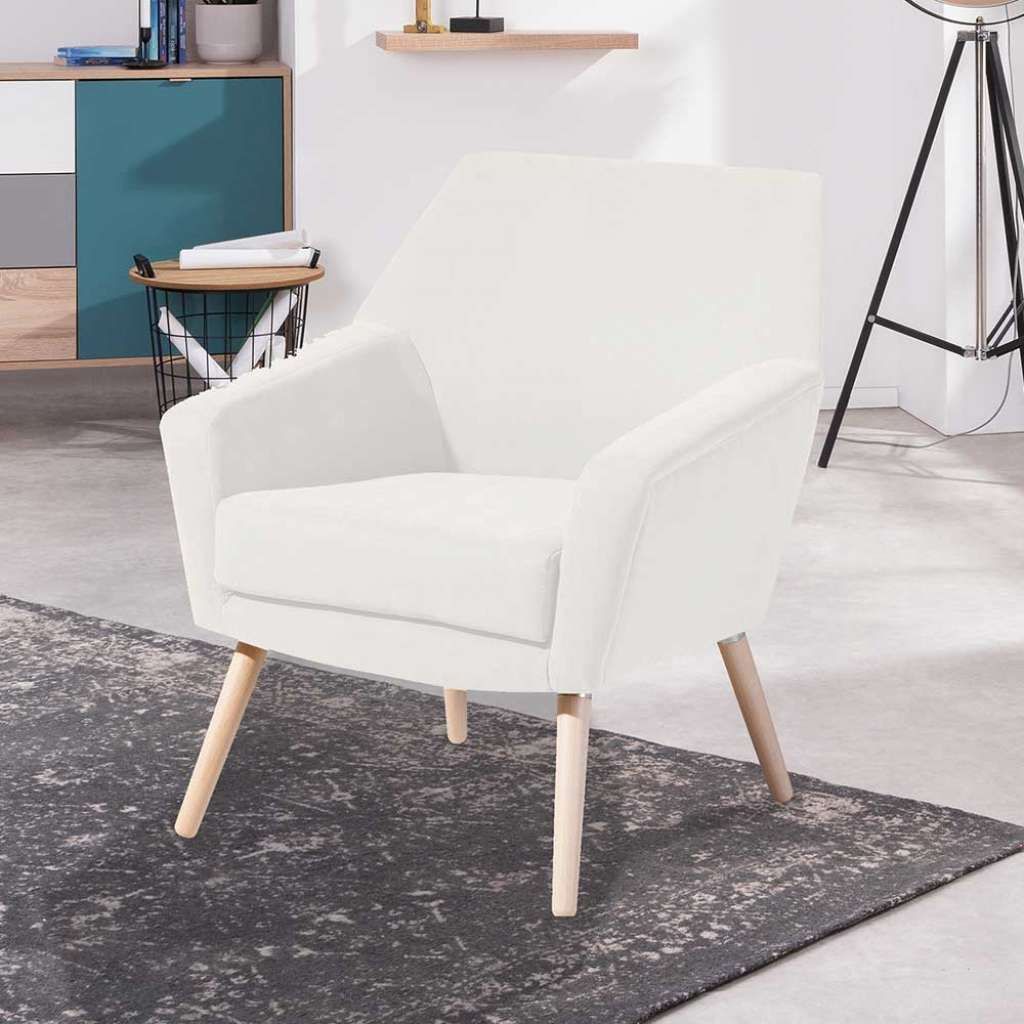 Cremefarbener Sessel aus Velours und Buchenholz Retrostil