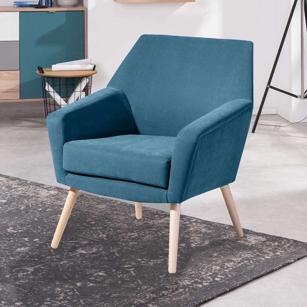 Kleiner Retro Sessel in Petrol Bezug aus Velours