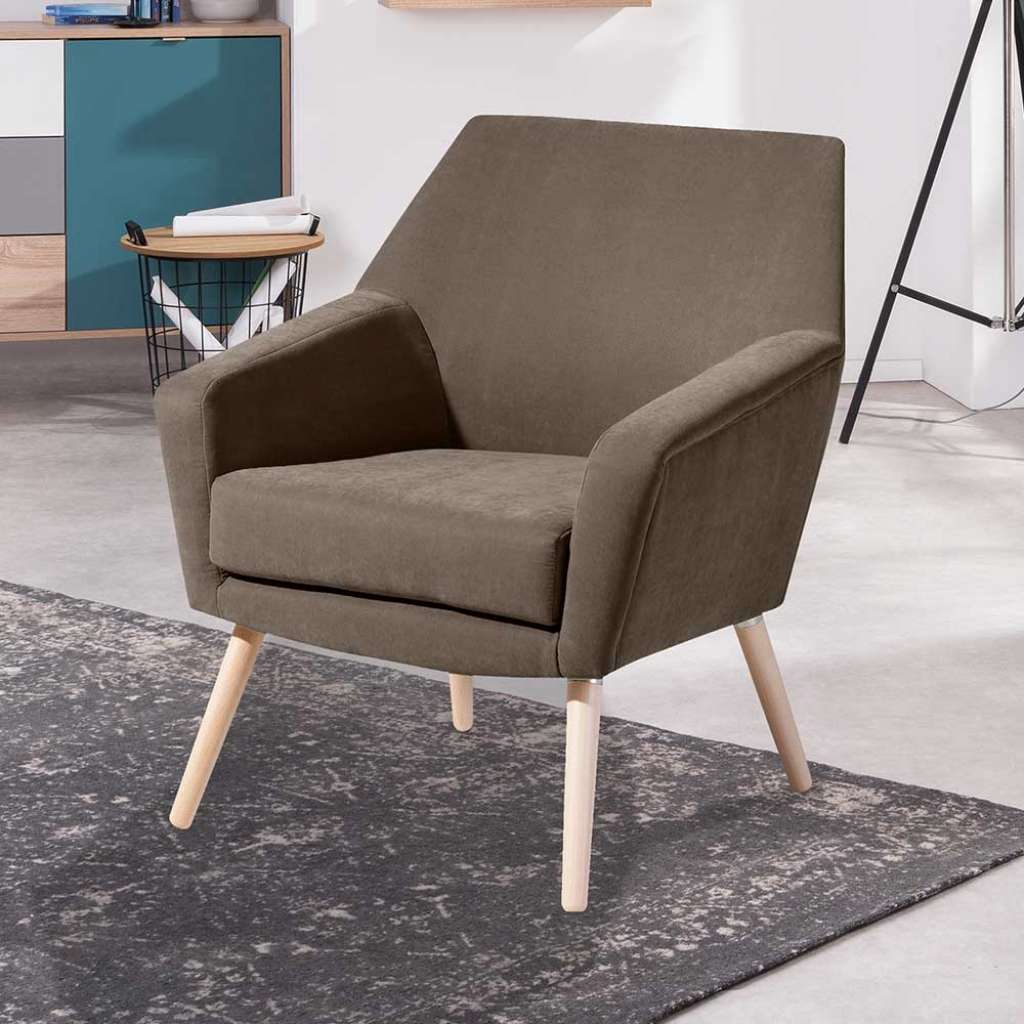 Lounge Sessel in Beigegrau Velours Vierfußgestell aus Holz