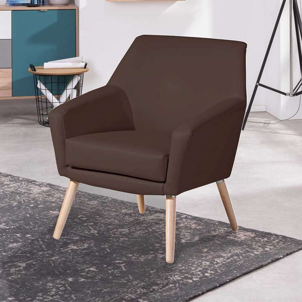 Brauner Wohnzimmer Sessel im Retrostil Kunstleder und Buche