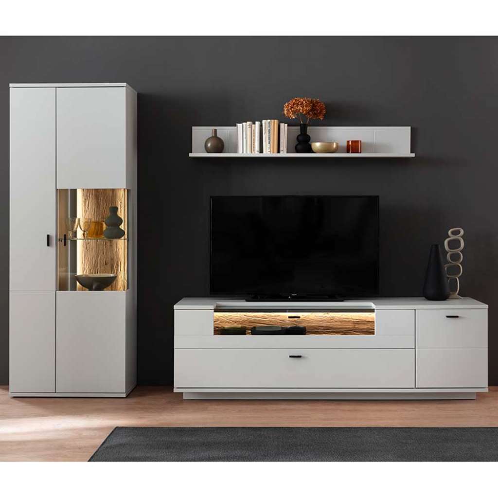 Design Wohnwand weiss optional mit Beleuchtung 199 cm hoch (dreiteilig)