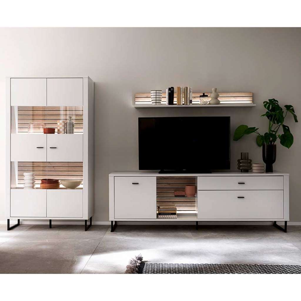 TV Wohnwand weiss in modernem Design 185 cm hoch (dreiteilig)