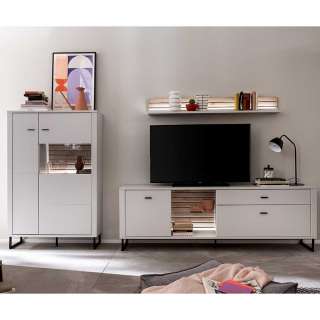 Schrankwand Wohnzimmer weiß und Wildeichefarben 152 cm hoch (dreiteilig)