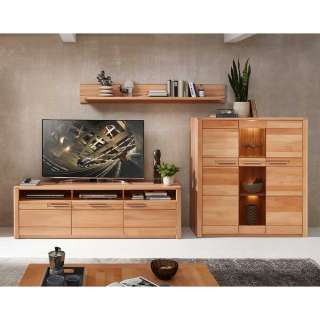 Wohnzimmer Anbauwand teilmassiv in Kernbuchefarben 317 cm breit (dreiteilig)