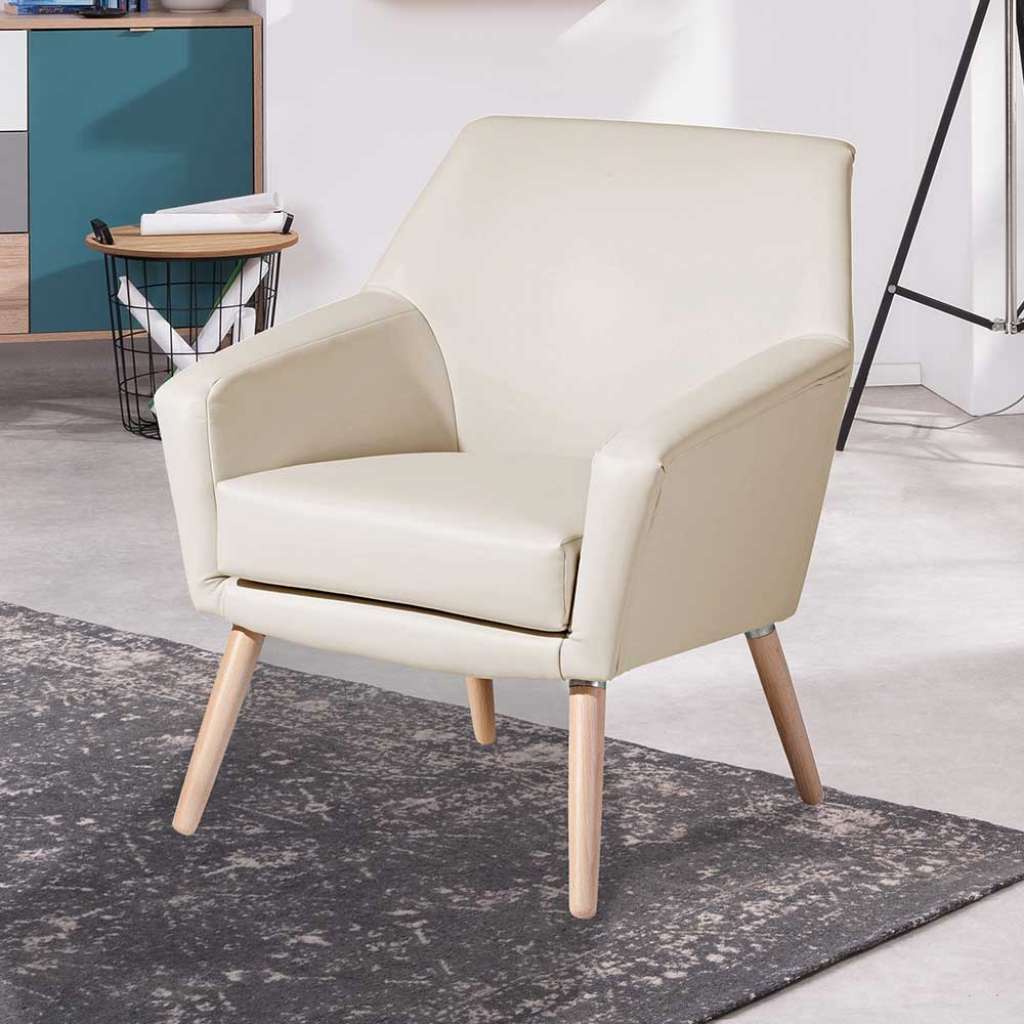 Polstersessel Beige Retro aus Kunstleder Vierfußgestell aus Holz