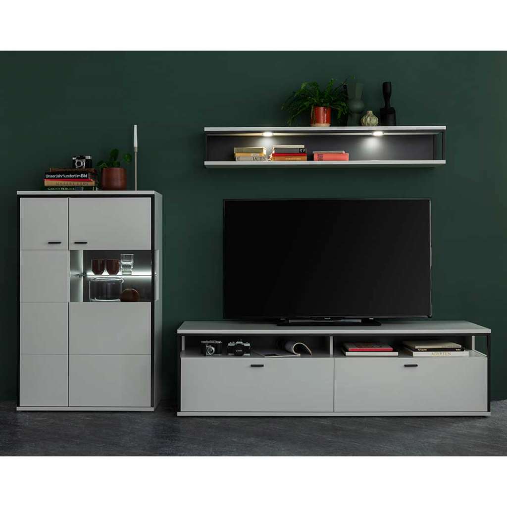 Wohnwand weiß modern 136 cm hoch melaminbeschichtet (dreiteilig)