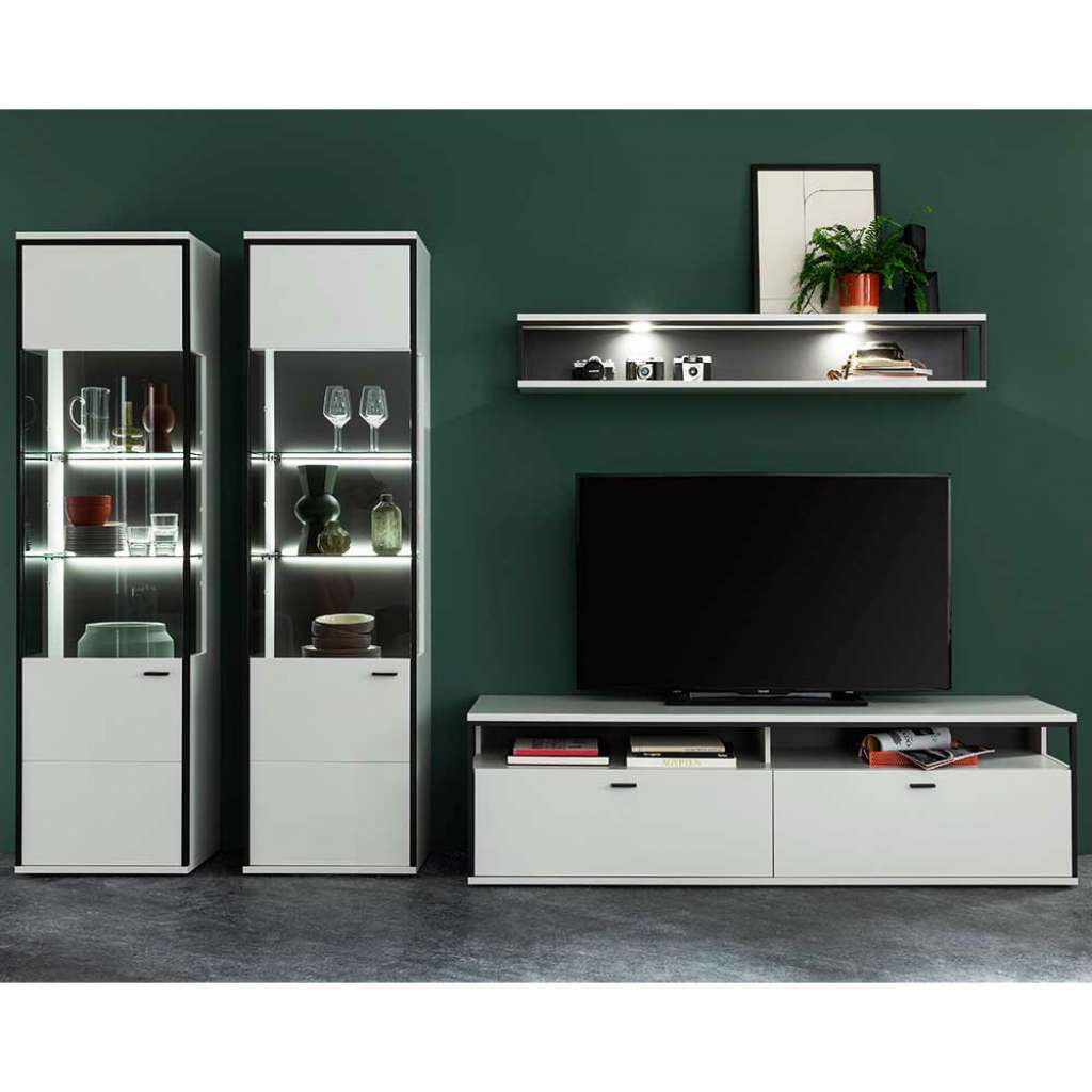 Weiße Wohnzimmer Anbauwand in modernem Design 199 cm hoch (vierteilig)