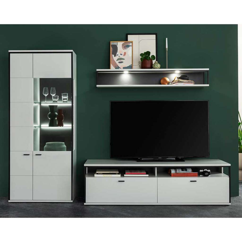 Weiße Design Wohnwand 199 cm hoch melaminbeschichtet (dreiteilig)