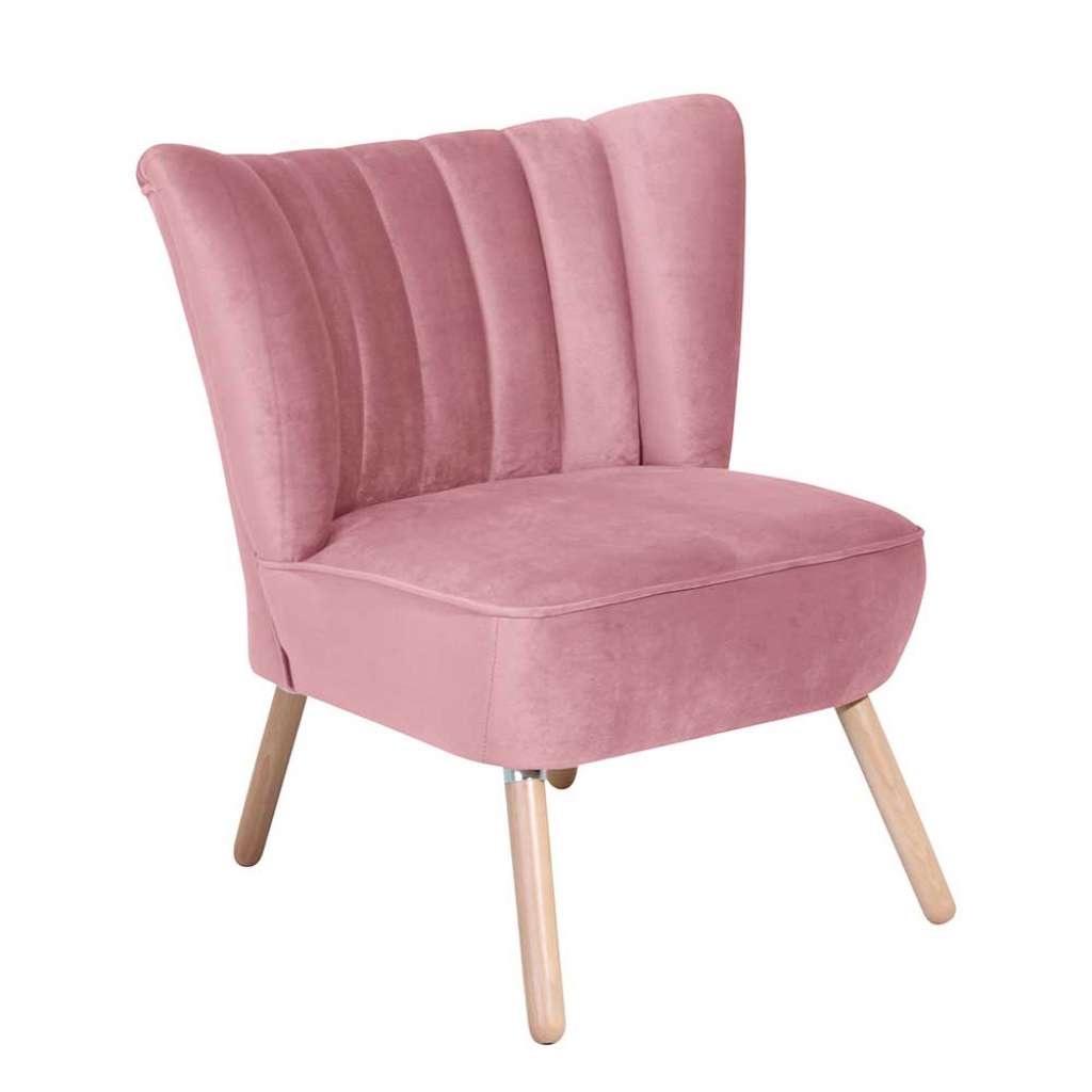 Retrosessel Rosa Samtvelours mit Vierfußgestell aus Holz Buchefarben