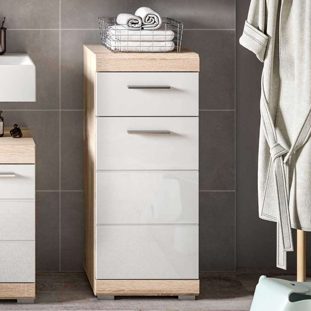 Badezimmerschränkchen in Weiß Hochglanz Sonoma-Eiche Holzoptik