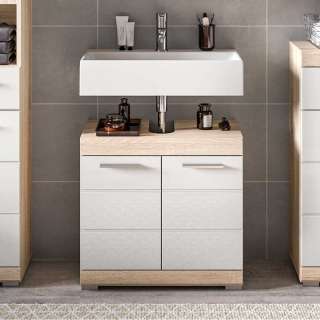 Badezimmerunterschrank in Weiß Hochglanz und Sonoma Eiche 60 cm breit