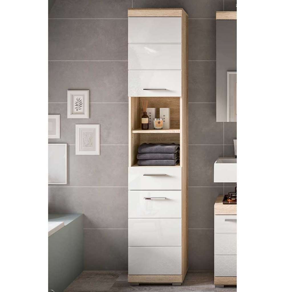 Badezimmerhochschrank modern in Weiß Hochglanz Sonoma-Eiche
