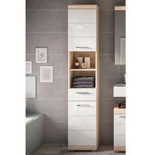 Badezimmerhochschrank modern in Weiß Hochglanz Sonoma-Eiche