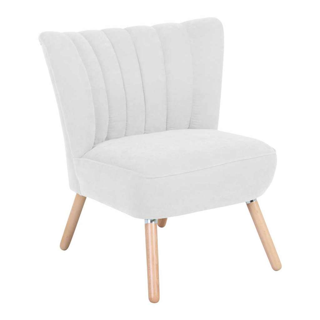 Einzelsessel Cremeweiss im Retrostil Velours und Buchenholz