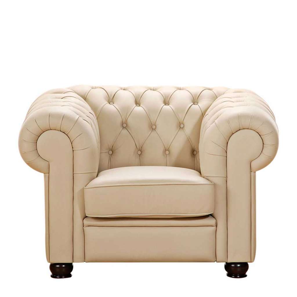 Einzelsessel Chesterfield Beige aus Echtleder Vierfußgestell aus Holz
