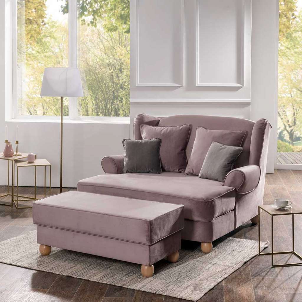 XXL Sessel Rosa aus Samtvelours optional mit Hocker bestellbar