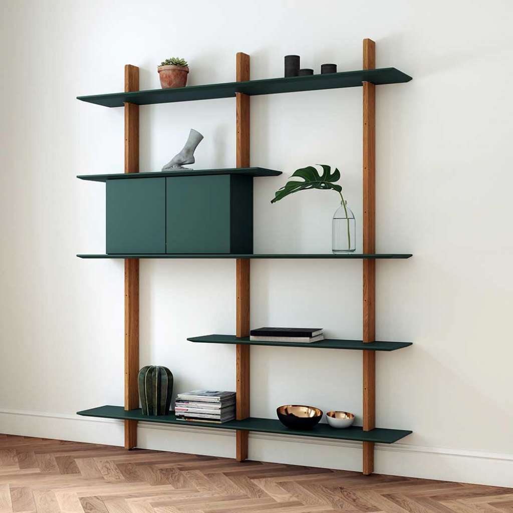 Wandregal modern in Dunkelgrün und Eiche 162 cm breit - 190 cm hoch