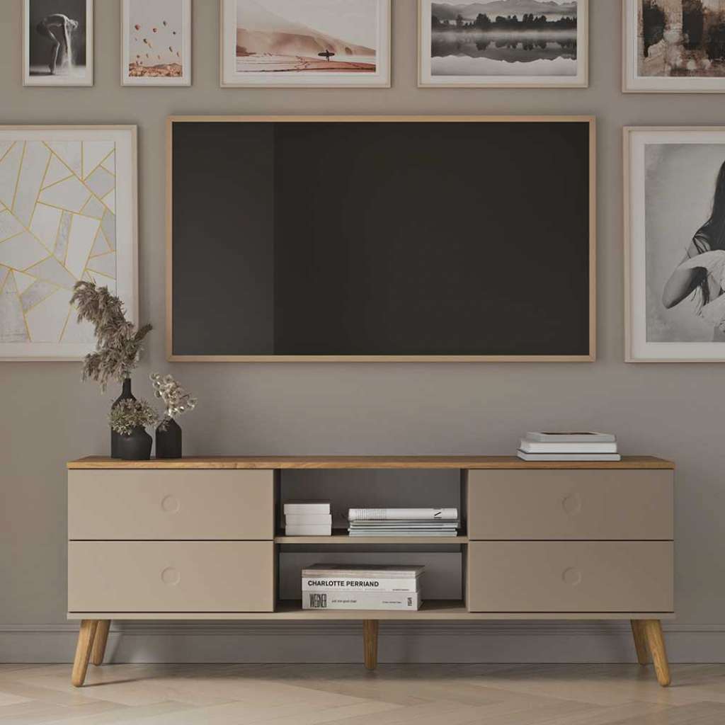 Unterschrank Fernseher Skandi in Taupe und Eichefarben Push to open Funktion