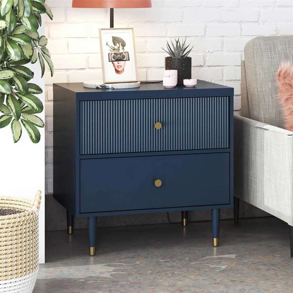 Nachtkonsole blau 69 cm hoch in modernem Design zwei Schubladen