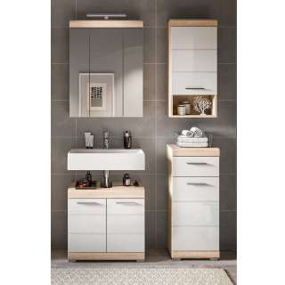 Badmöbelset weiss Hochglanz und Sonoma-Eiche modernem Design (dreiteilig)