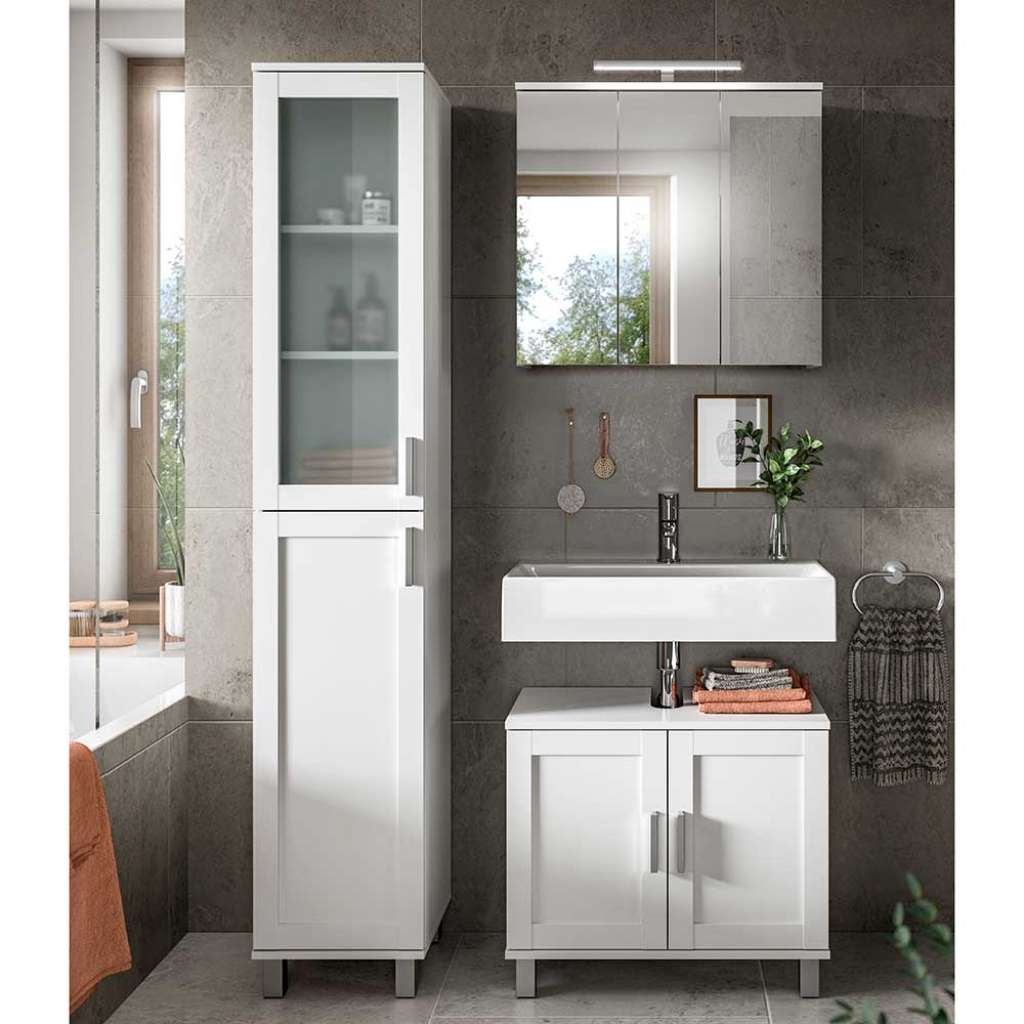 Badezimmermöbel Set weiss in modernem Design 189 cm hoch (dreiteilig)