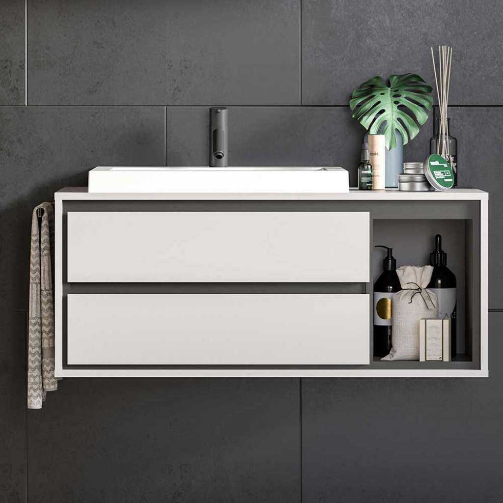 Waschbeckenschrank modern in Grau und Schwarz inklusive Handtuchhalter