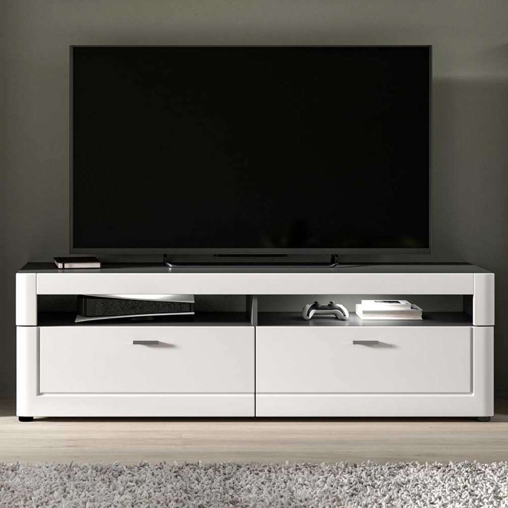 Weiß graues TV Lowboard in modernem Design zwei Schubladen