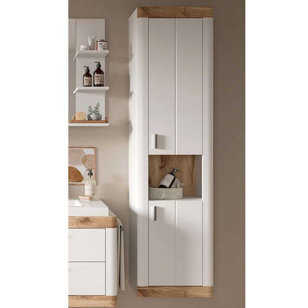 Badseitenschrank hängend in Weiß und Wildeiche NB 172 cm hoch