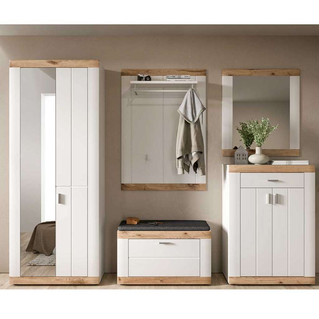 Flurgarderobe mit Sitzbank in Weiß Wildeichefarben (fünfteilig)