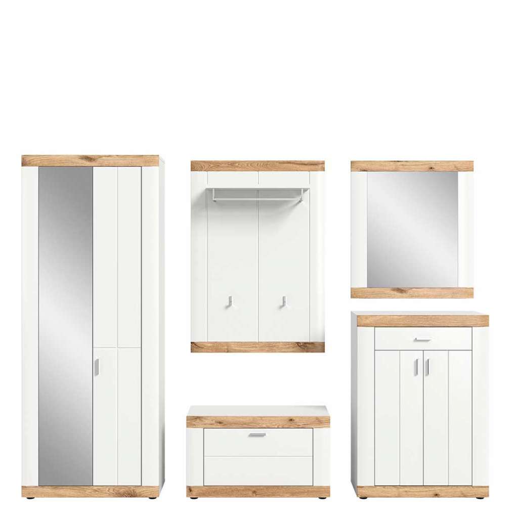 Komplett Garderobe mit Spiegel in Weiß Wildeichefarben (fünfteilig)