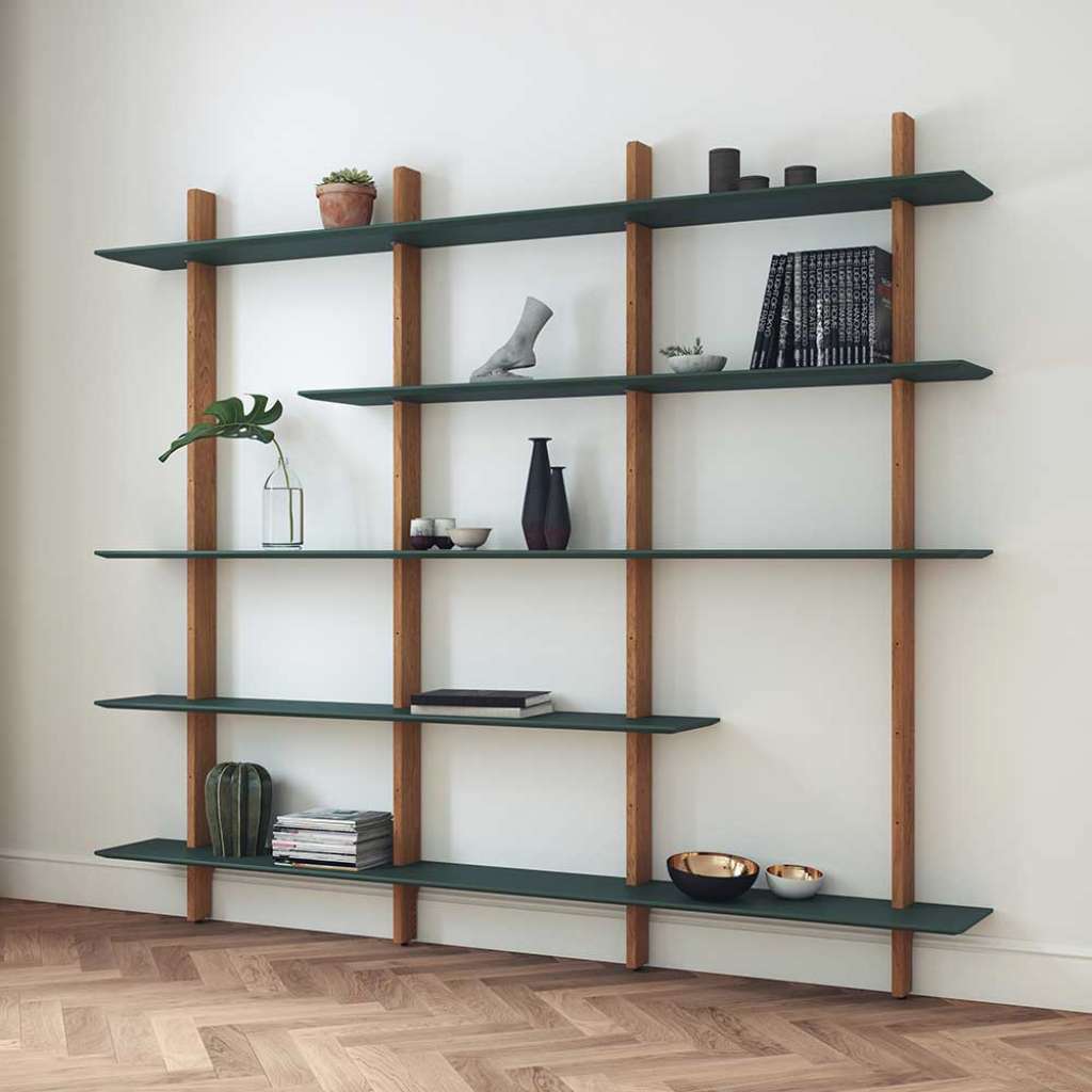 Design Wandregal modern in Dunkelgrün und Eiche 224 cm breit