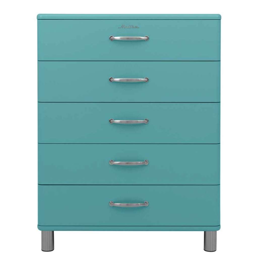 Türkise Kommode mit fünf Schubladen Vierfußgestell aus Metall