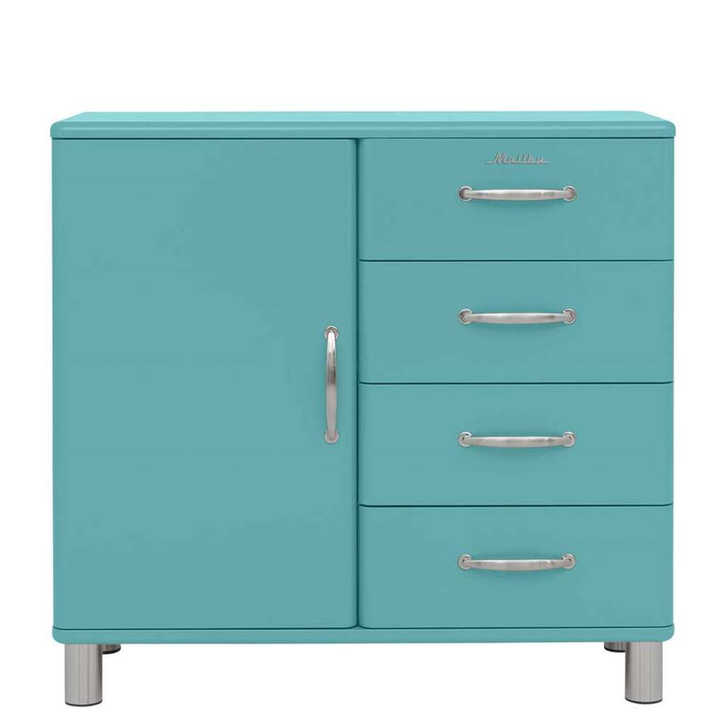 Flur Kommode Türkis im Retrostil vier Schubladen und Drehtür