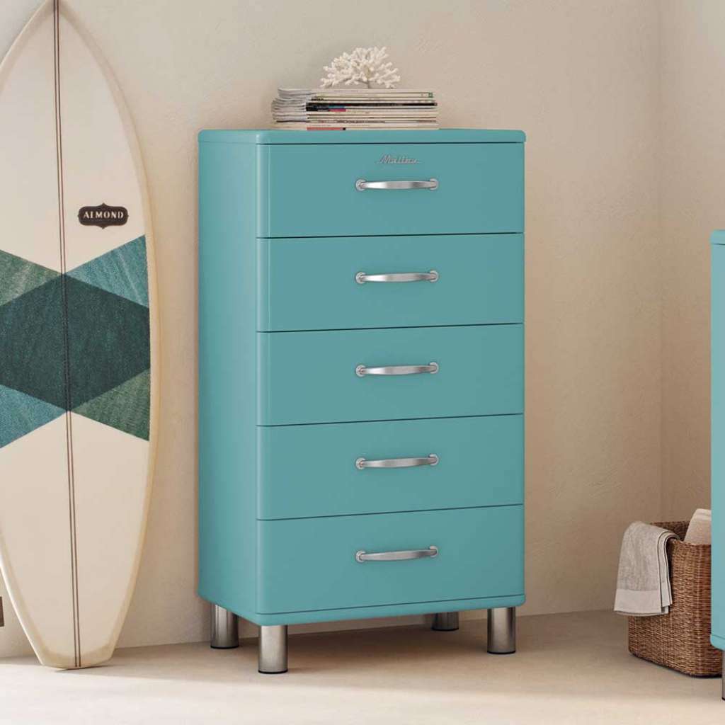 Schubladenkomode türkis im Retrostil Vierfußgestell aus Metall