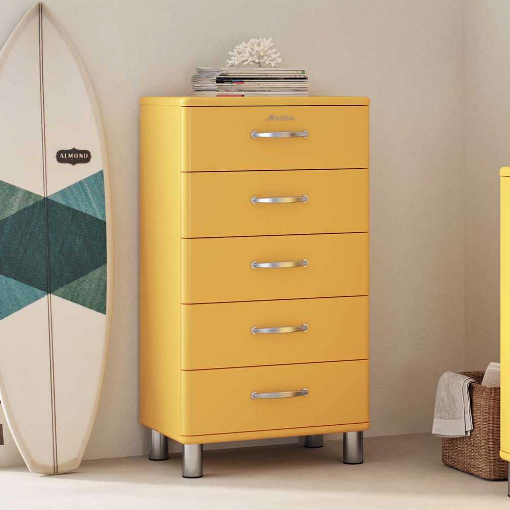 Schlafzimmerkommode gelb mit fünf Schubladen 112 cm hoch