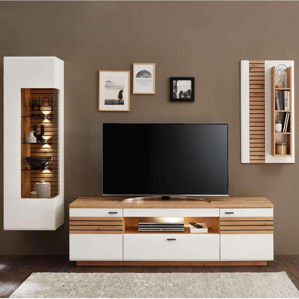 Anbauwand mit Regal in Weiß Wildeichefarben (dreiteilig)