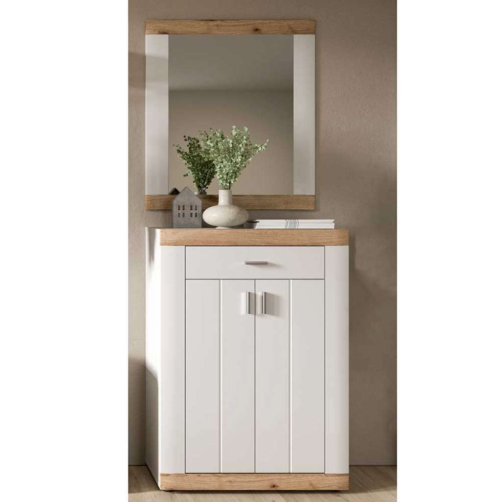 Dielenset mit Spiegel in Weiß Wildeichefarben (zweiteilig)