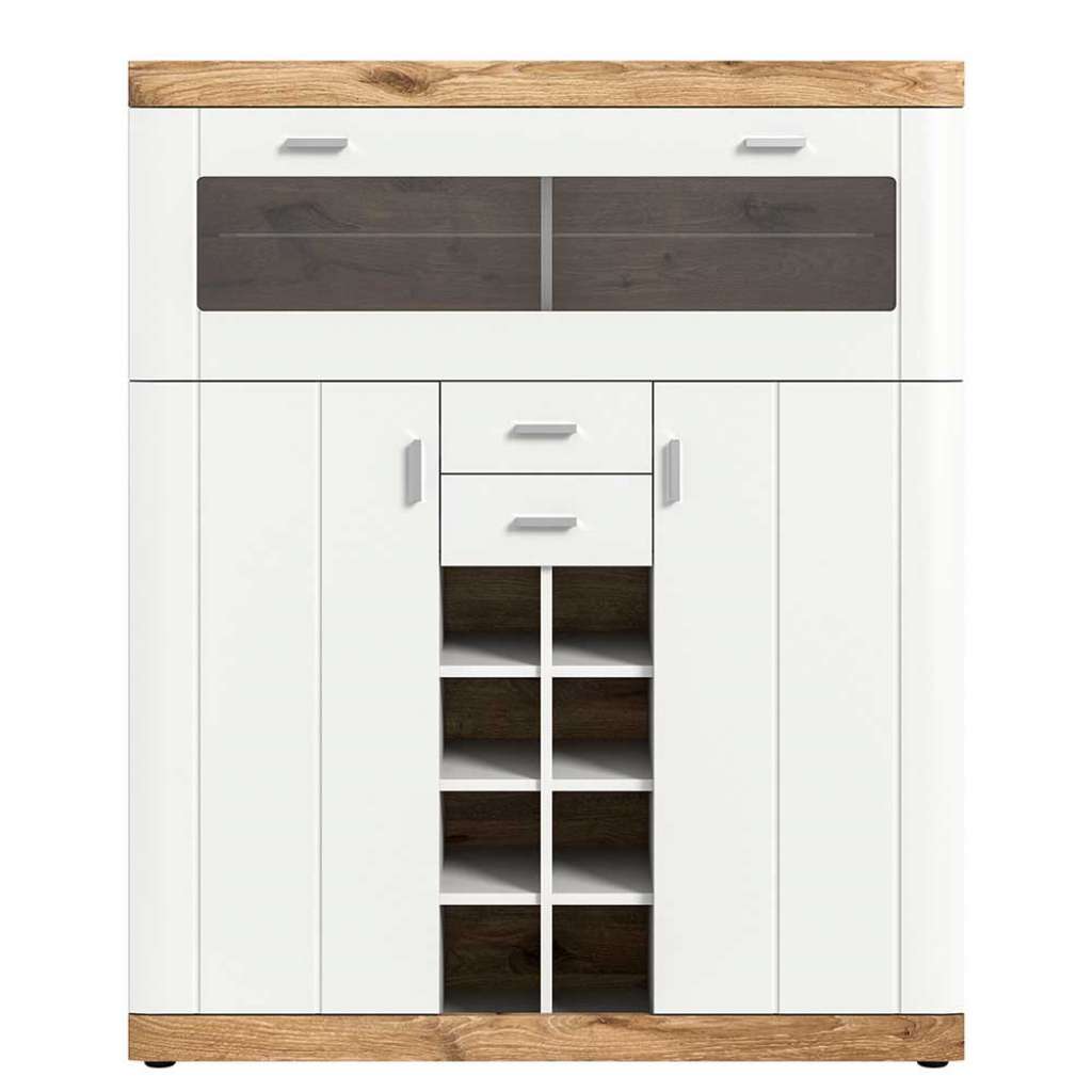 Barschrank mit Klappe in Weiß und Wildeichefarben 142 cm hoch