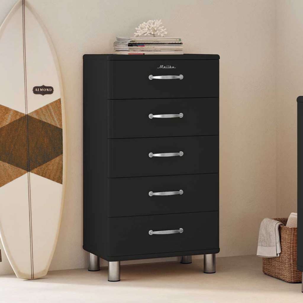Flurkommode schwarz Retro mit fünf Schubladen Vierfußgestell aus Metall