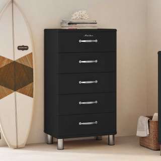 Flurkommode schwarz Retro mit fünf Schubladen Vierfußgestell aus Metall