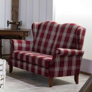 Zweisitzer Sofa Karo rot im Landhausstil Vierfußgestell aus Holz