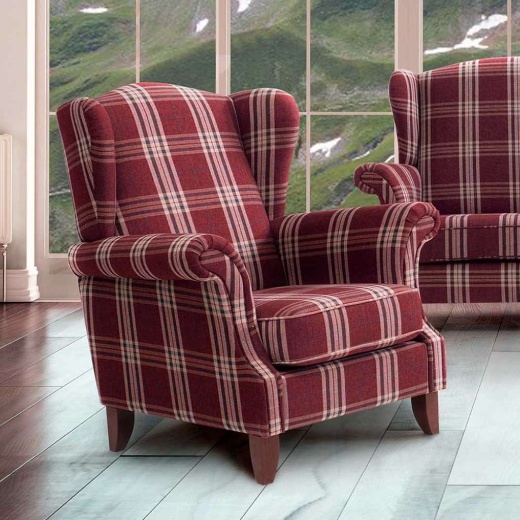 Ohrensessel Karo rot im Landhausstil 108 cm hoch - 88 cm breit