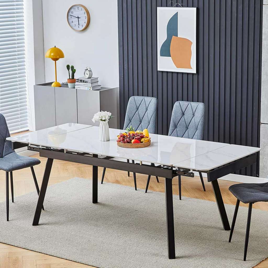 Esszimmer Tische aus Sinterstein Hochglanz weiße Marmor Optik