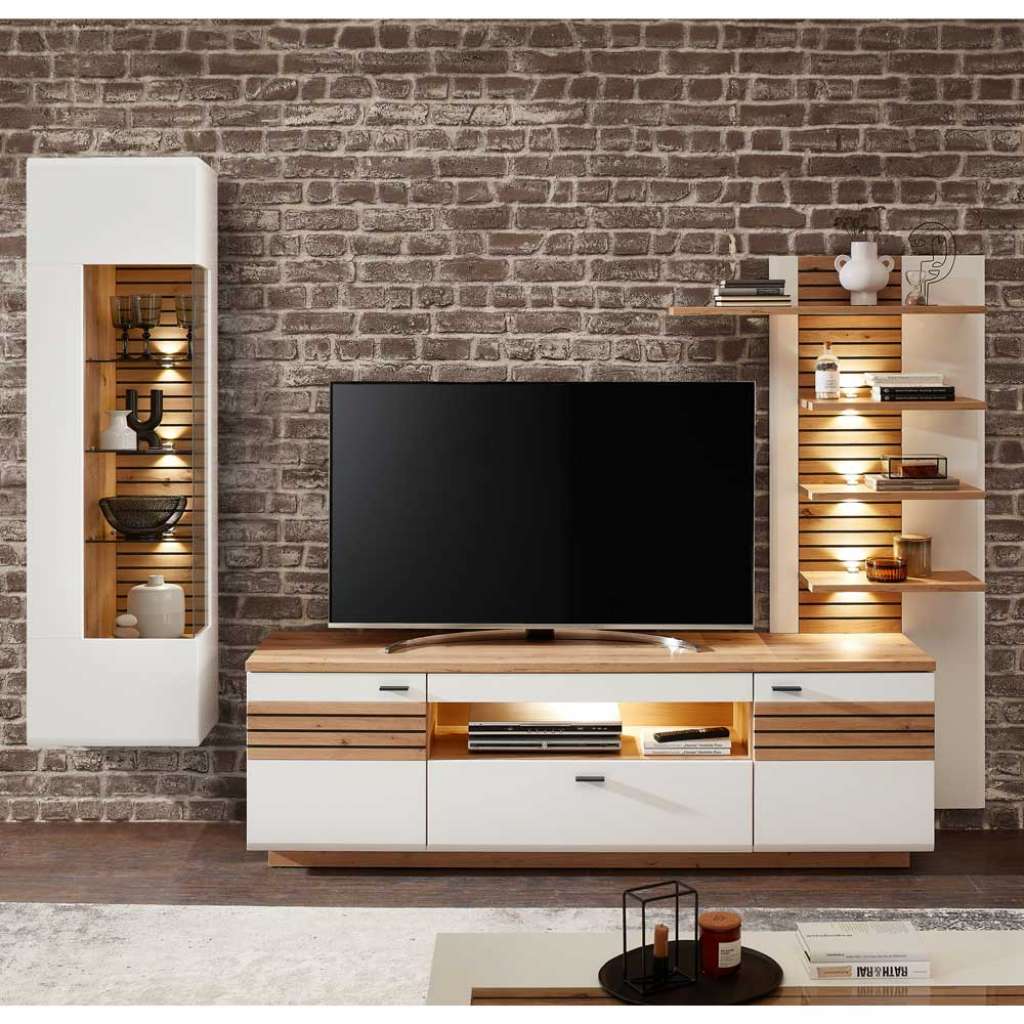 Moderne Wohnzimmer Anbauwand in Weiß Wildeichefarben (dreiteilig)