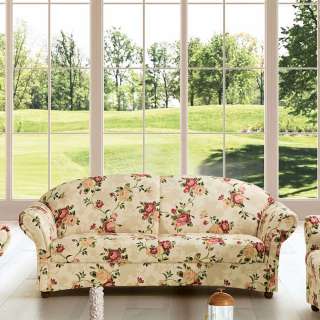 Dreisitzer Couch geblümt mit Rosen Motiv in Creme bunt Flachgewebe