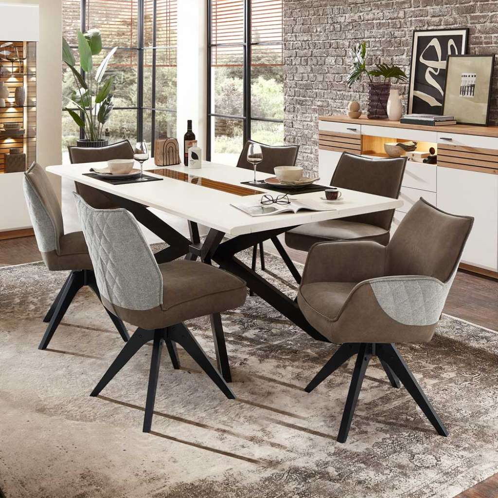 Essgruppe für 6 Personen in Braun Grau Weiß Schwarz Stühle drehbar (siebenteilig)