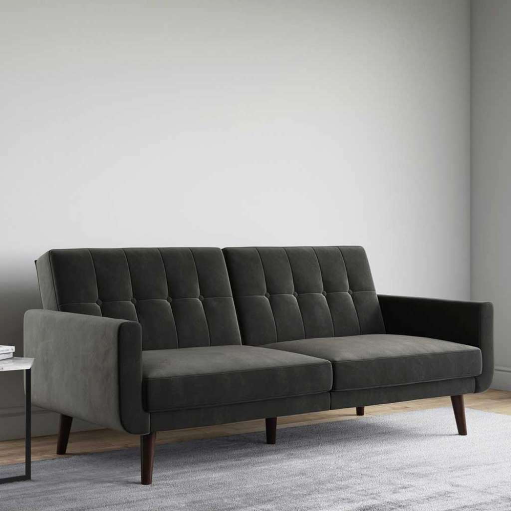 Klappsofa Samt Retrostil in Grau Fußgestell aus Holz