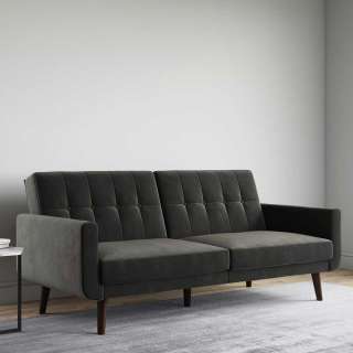 Klappsofa Samt Retrostil in Grau Fußgestell aus Holz