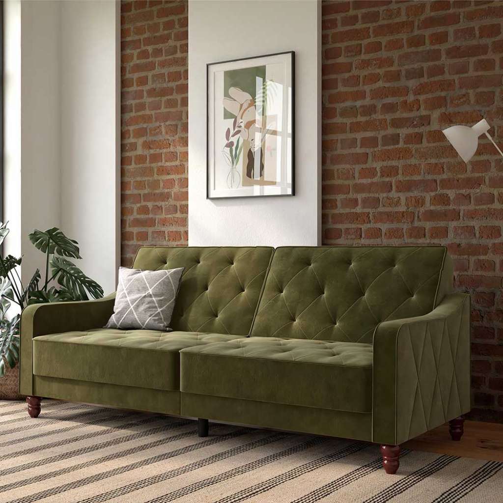 Bettcouch Samt grün im Retrostil Rücken Klappmechanik