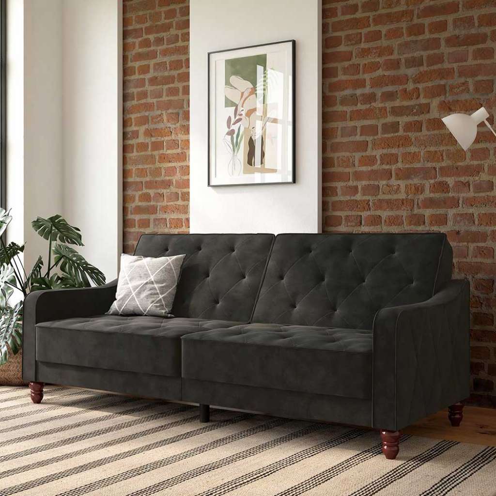 Couch mit Schlaffunktion in Dunkelgrau Samt Rücken Klappmechanik